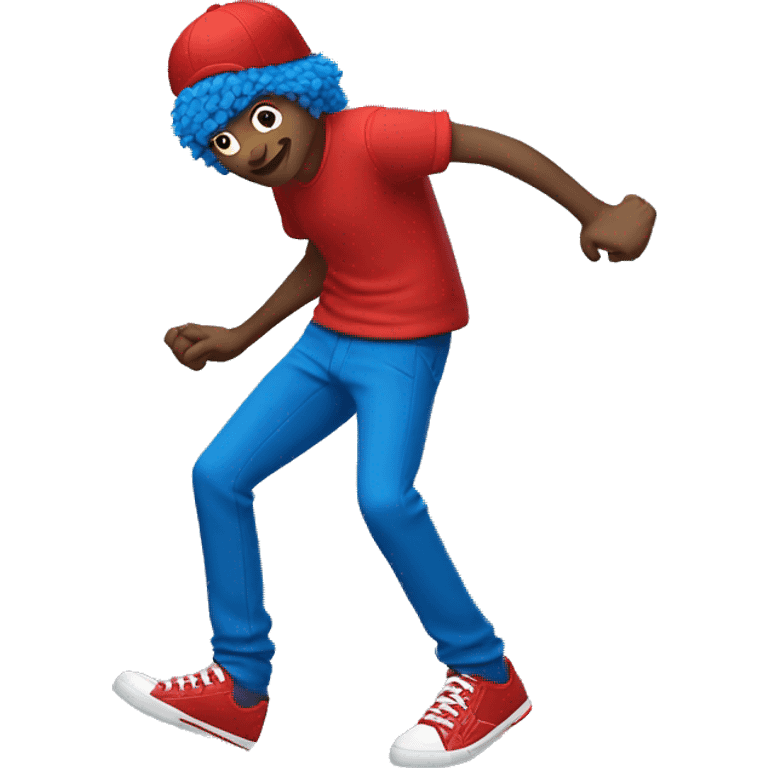 red cap, blue hair, long arms long legs, his hands are white, red sleeves, blue pants, red shoes emoji