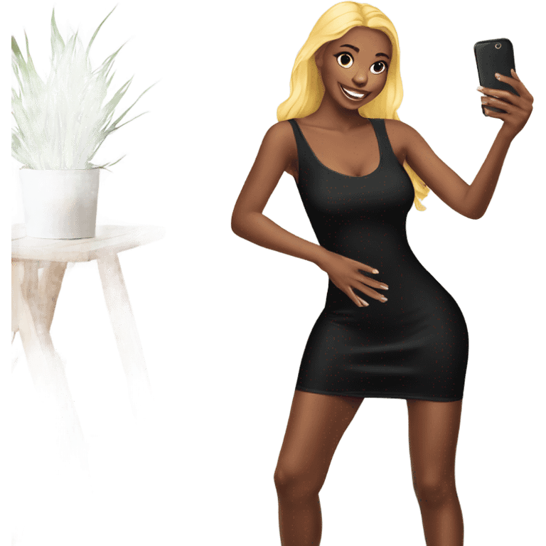 Girl taking a selfie full body black bodycon dress emoji