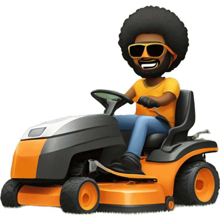 Black man with afro, beard and sunglasses pushing a lawnmower and listening to music with sun rising in background emoji