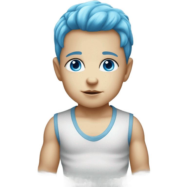 Serious baby Caucasian boy with blue eyes and blue hair emoji