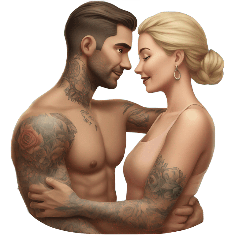 Hyper Realistic beautiful woman touching a very handsome tattooed man emoji