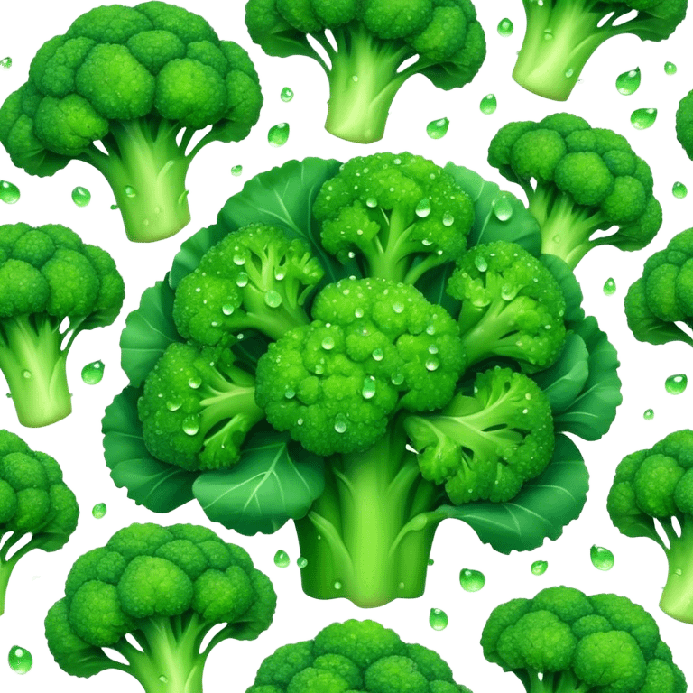 Cinematic lush green broccoli, detailed florets glistening with dewdrops, ultra-fresh and vibrant, soft glowing background, healthy and delicious. emoji