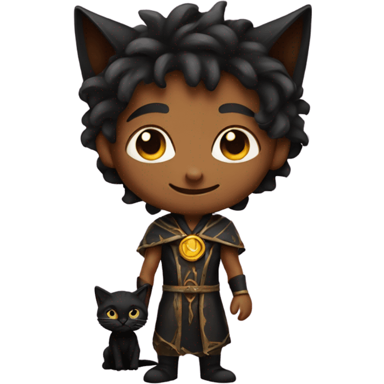 A sun warlock who has tan skin and is holding a black kitten emoji