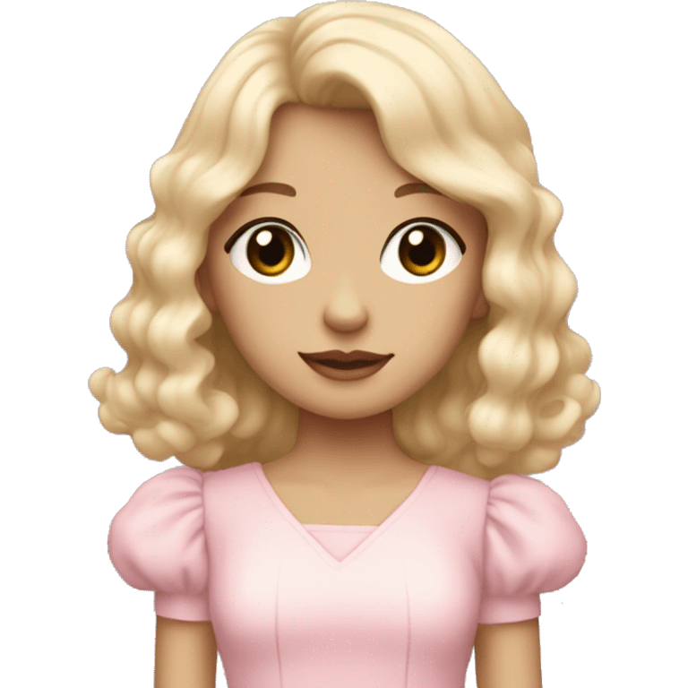 pale girl with bangs and long blonde curly hair and a pastel pink puff sleeve dress emoji