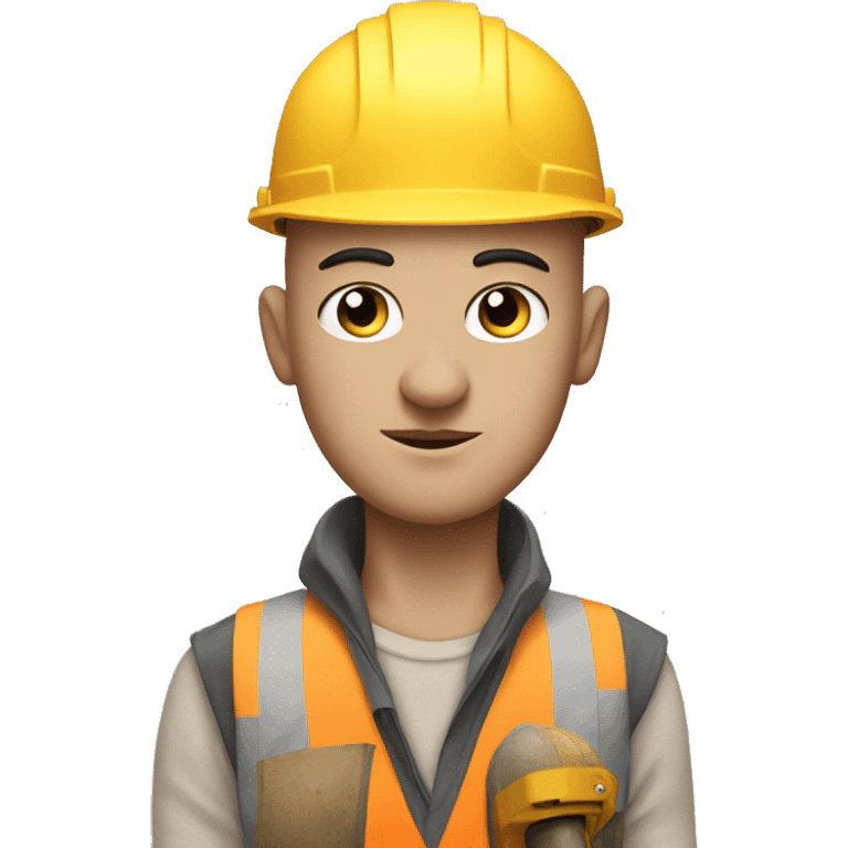 Pale man, thick black eyebrows, bald head, with a cat, dressed as a construction worker emoji