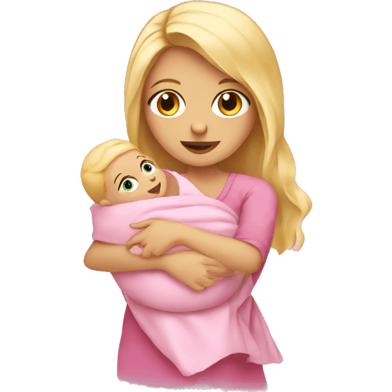 Blonde girl holding a new born baby while the baby is wrapped in pink. emoji