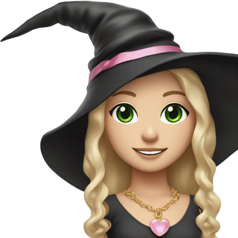 Witchy dark blonde haired green eyed light freckles white girl with a witty smile a gold necklace and a black witch hat with a baby pink bow emoji