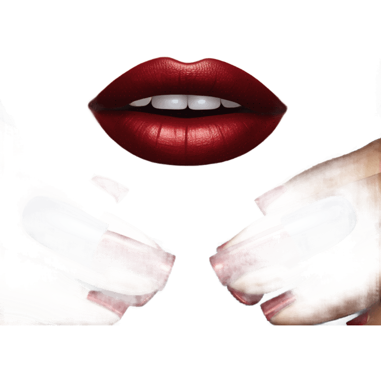 long dark blue manicure at the mouth with red lipstick emoji