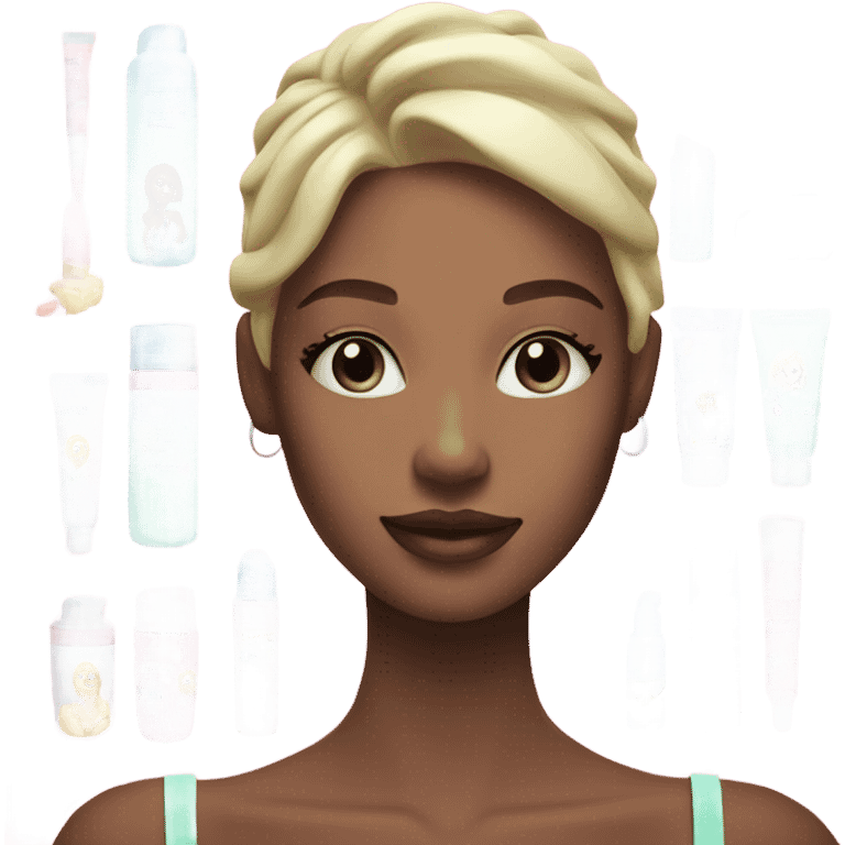 Generate emoji skin care cosmetics jars and tubes pink, light green and blue and a girl with blond hair next to her emoji