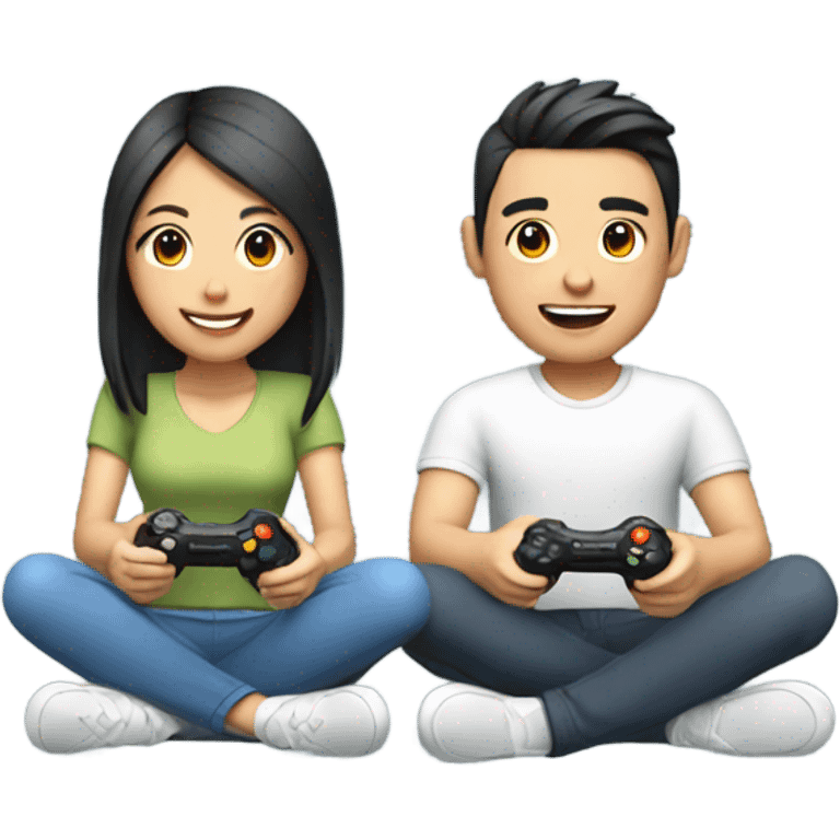 Cute Asian Couple sitting together and having fun playing video games emoji