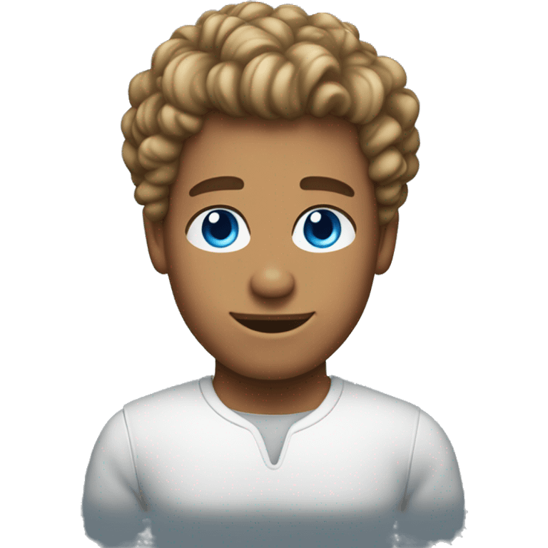 Tanned man, blue eyes, short hair on sides curly on top.  emoji