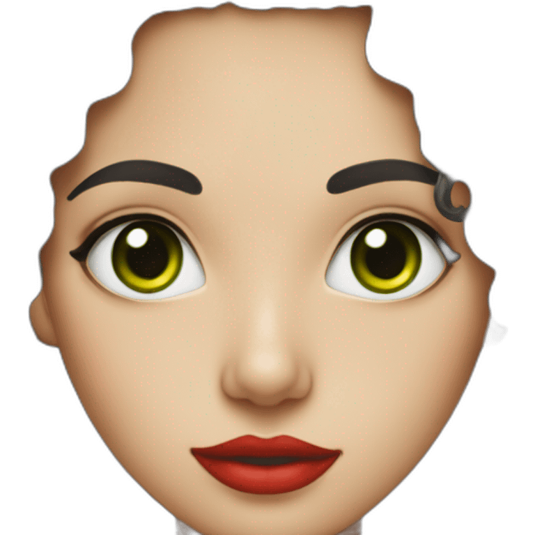 Portrait photo of a young woman with long black curly hair, green eyes, red lips, and fair skin emoji