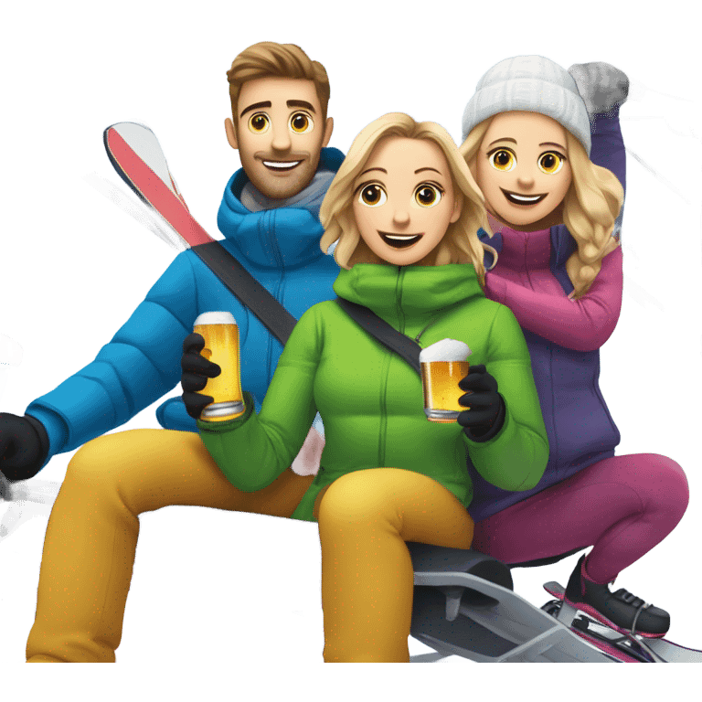 Two white girls one with skiis and one with snowboard  one white man with skis on chairlift with beer  emoji