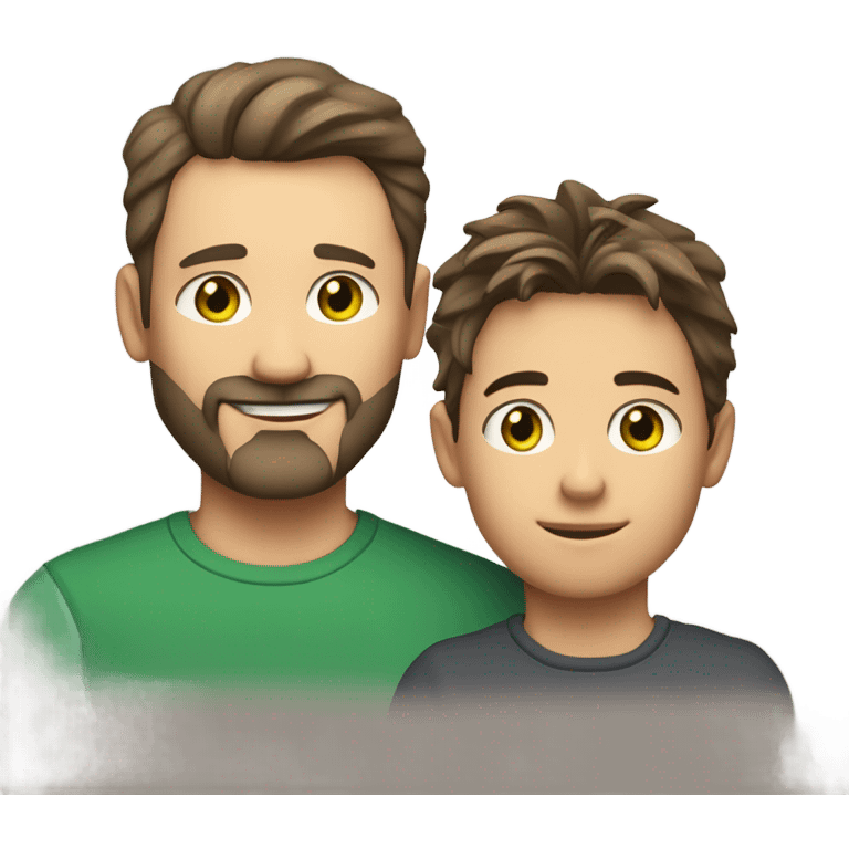 Handsome Father 40s green eyes with short full beard with Son 13s light brown eyes tousled bedhead look both has brunette hair light skin arms on shoulder portrait emoji