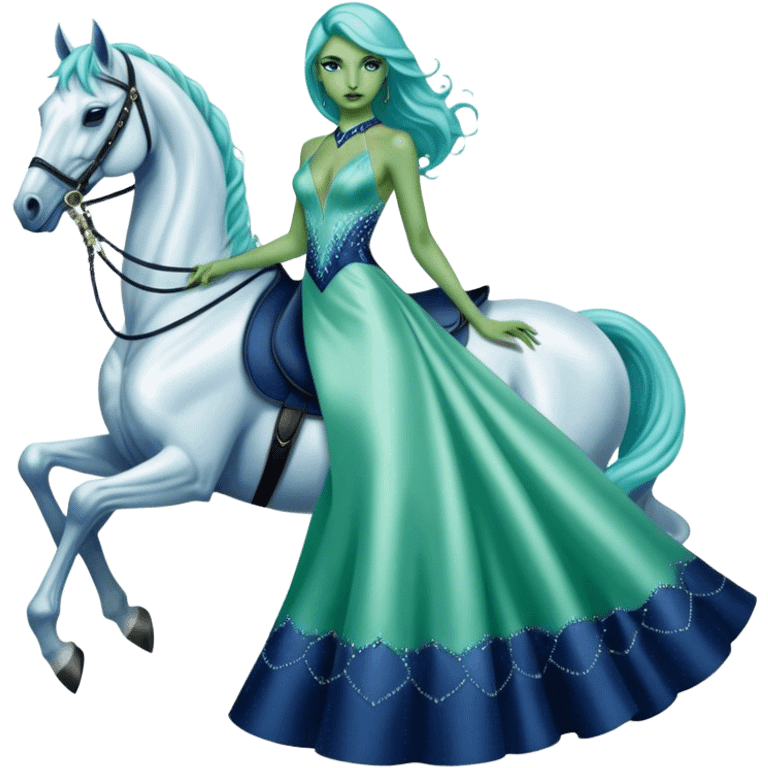 alien reptilian green skin woman, in long slim pastel blue formal party satin dress with gradient shiny sparkling navy blue diamonds embroidered , ride a White horse emoji