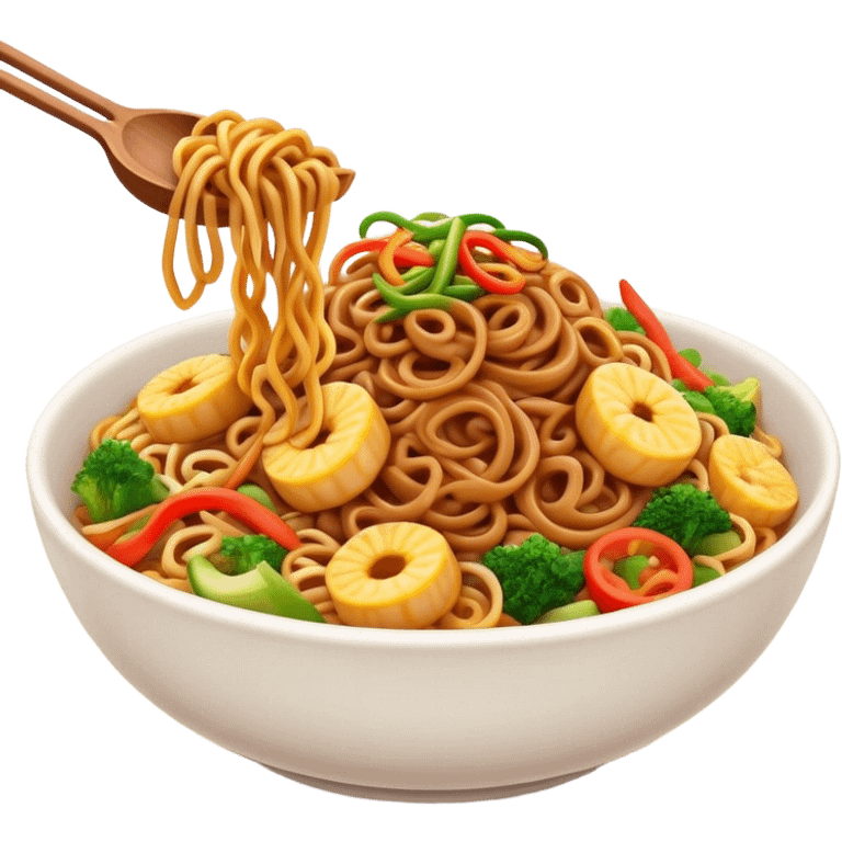 Cinematic Realistic Mie Goreng Dish Emoji, featuring stir‚Äêfried noodles with vegetables and meat rendered with dynamic textures and warm, appetizing lighting. emoji