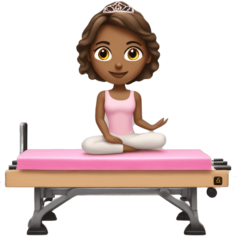 Latina girl with brown hair doing Pilates on reformer with pink tiara and ballet wrap emoji