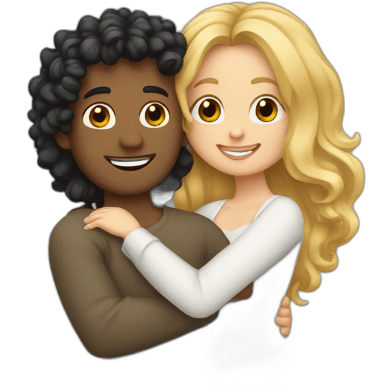 Curvy woman with long blond hair hugging a man with medium long black curly hair emoji