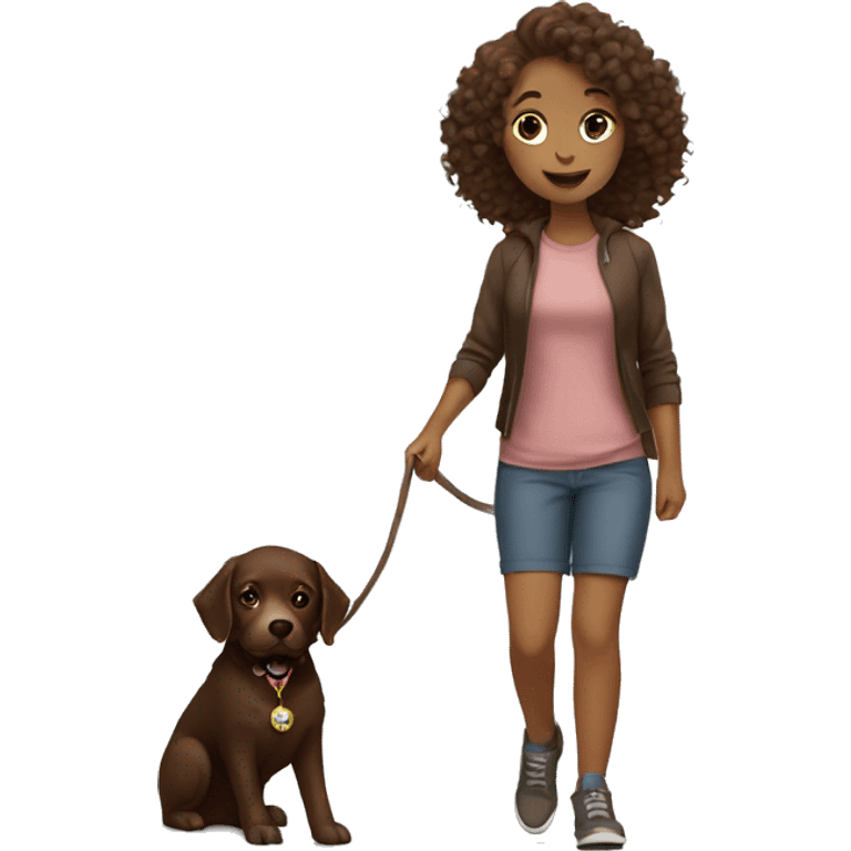 pretty girl with curly hair and she is walking a dog that is a chocolate lab emoji