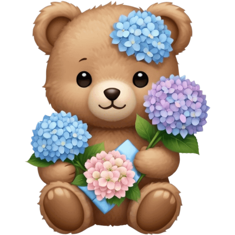 light brown teddy bear super cute holding a light pink and light blue bouquet of hydrangeas emoji