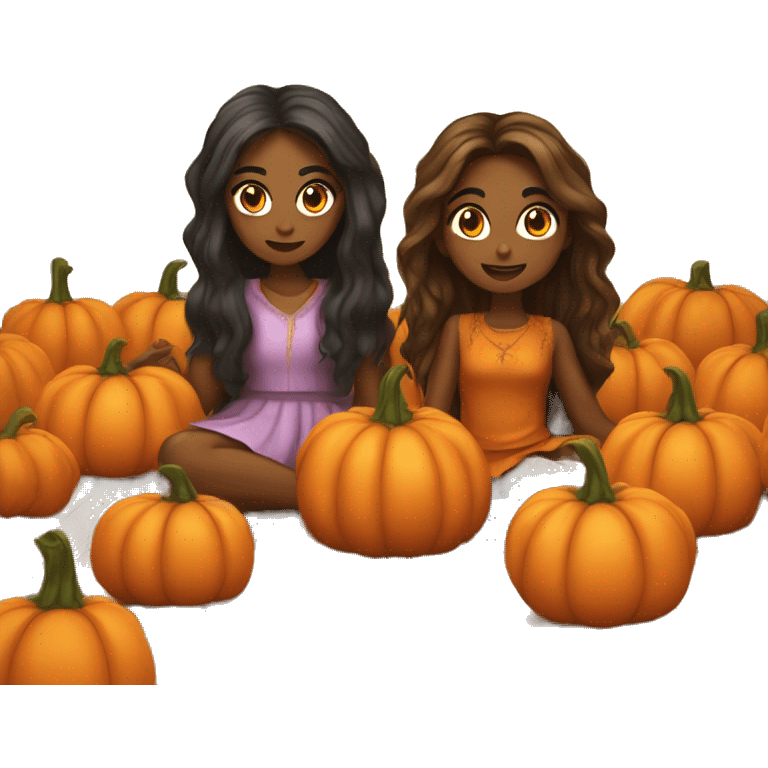 two brown skinned girls with long hair dressed up as pumpkins crawling on the floor emoji