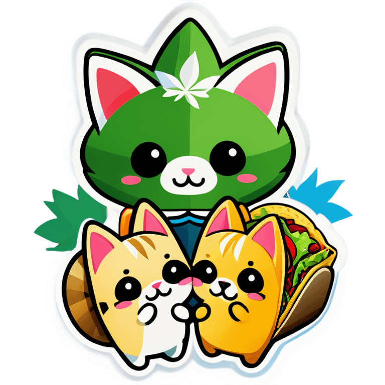 Kawaii Cannabis leaf and kittens eating tacos kawaii style  emoji