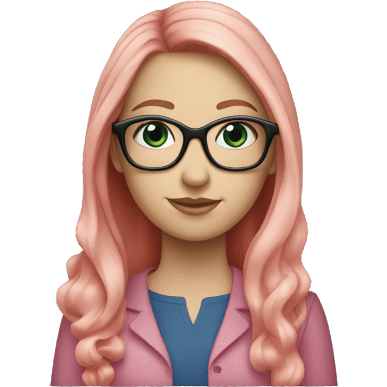 White-girl-with-long-hair-red-head-eyes-blue-wearing-glasses-blouse-formal-pink emoji