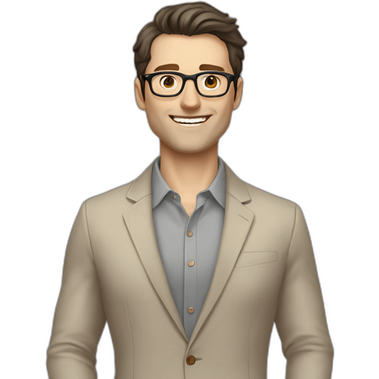 Joyful Full height Pale skinned Fit Man With dark brown hair in gray jacket, beige office shirt, Brown pants and vintage glasses. His thrumbs up emoji