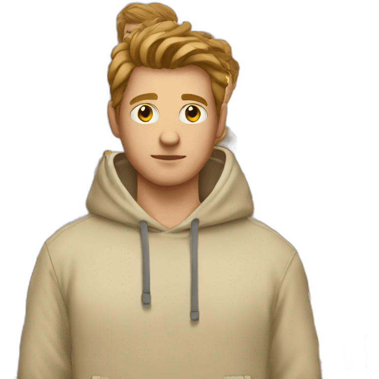 White guy in beige hoodie with brown bold hair emoji