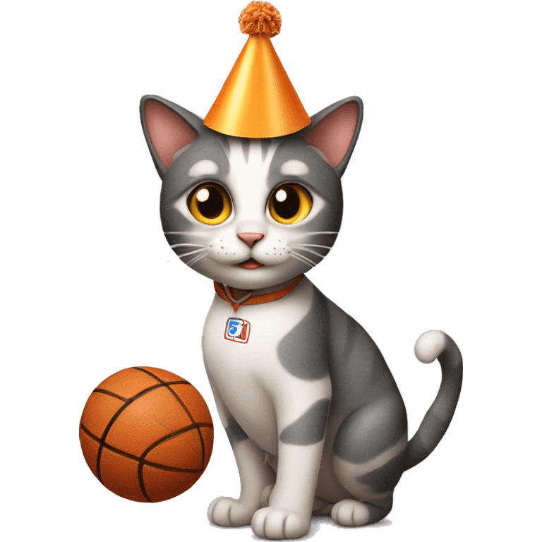 cat playing basketball wearing a birthday hat emoji