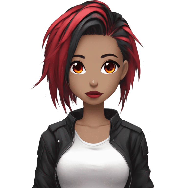 Gorgeous techwear anime style lady with blushing face aesthetic and pretty edgy black red punk hair with hair garment trending style emoji