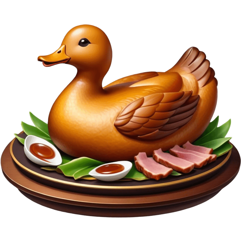 Cinematic Realistic Peking Duck Dish Emoji, depicted with crispy, roasted duck with glistening skin and succulent meat, rendered with rich textures and dramatic, appetizing lighting. emoji