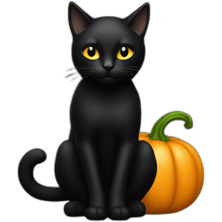 Chat noir assis sur une citrouille emoji