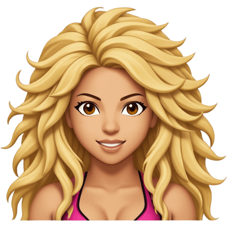 Cinematic Realistic Shakira Portrait Emoji, depicted as a dynamic charismatic pop icon with energetic movement and expressive features, rendered with vibrant textures and dynamic modern lighting that captures her global appeal. emoji