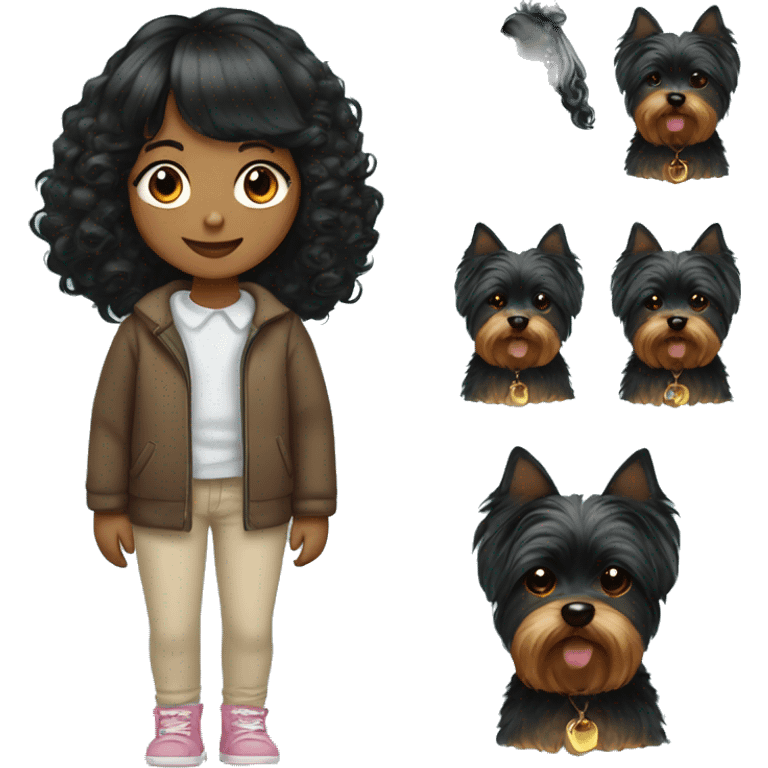 girl with curly black hair and bangs with yorkie dog emoji