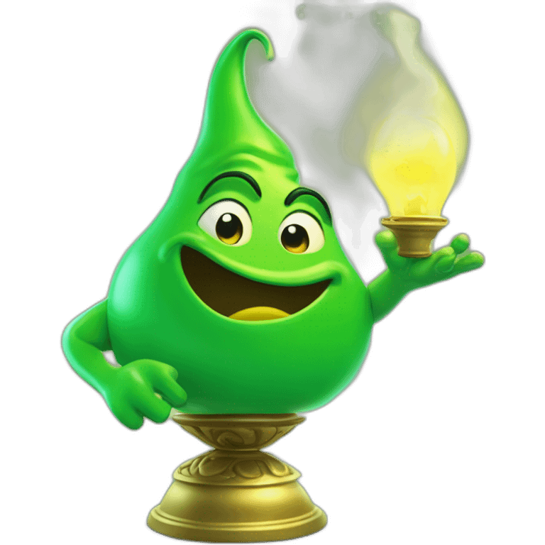 green genie coming out of a genie wonder lamp, environmentally friendly, represensting unrealistic hopes emoji