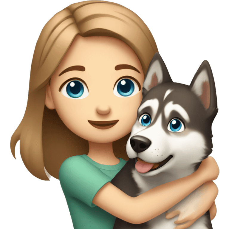 a girl with blue eyes and light-brown hair hugs a husky dog ​​with brown eyes emoji