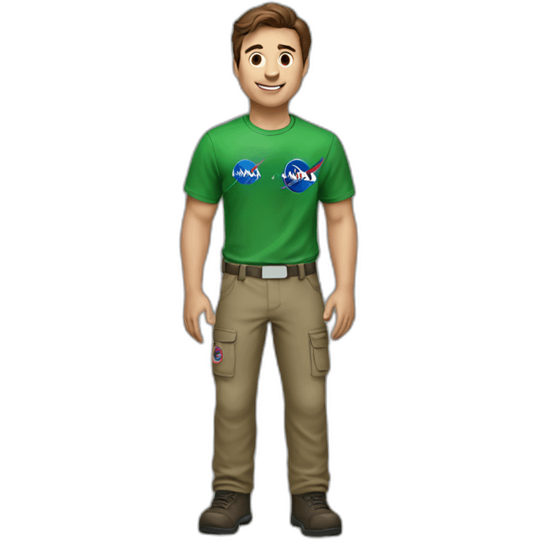 Man with brown hair, green t-shirt with NASA logo and pant brown emoji