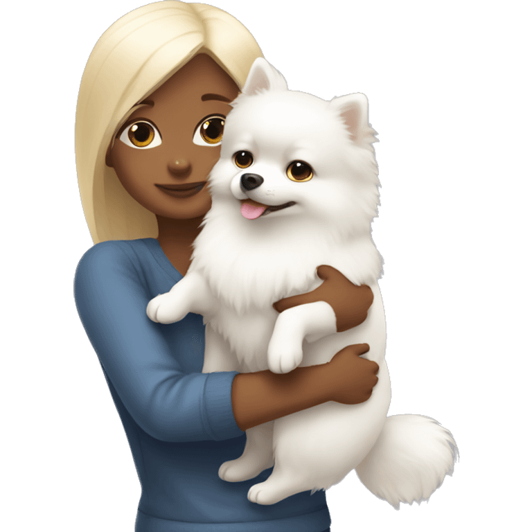 girl hug white Pomeranian emoji