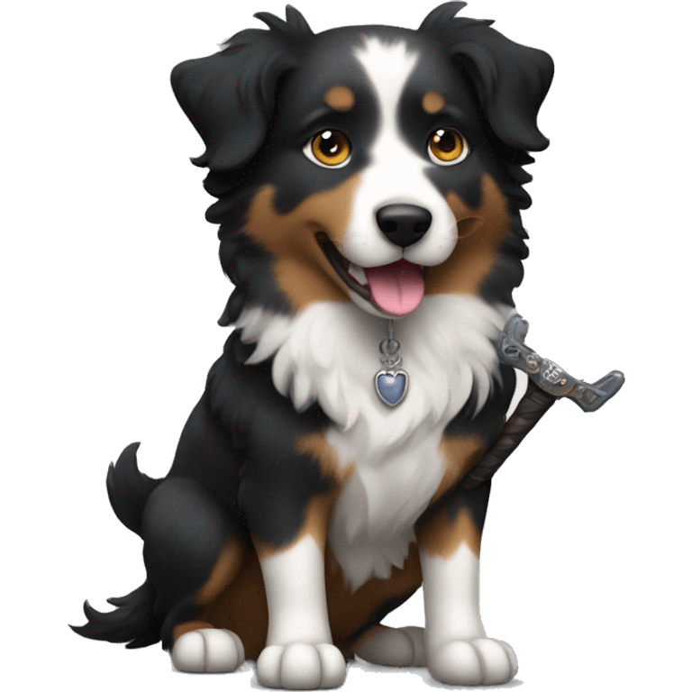 Small black australian shepherd dog with a sword emoji