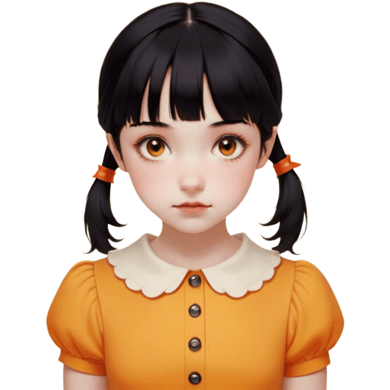 Face: Round with a porcelain-like finish, slightly eerie but innocent expression.
	•	Eyes: Large, dark, and slightly glossy, with a red sensor-like glow when activated.
	•	Hair: Black, neatly tied into two low pigtails with short bangs.
	•	Outfit: Yellow-orange short-sleeved shirt with a Peter Pan collar and a high-waisted orange jumper dress.
	•	Details: A small, unsettling smile and a slightly tilted head to capture her eerie nature. emoji