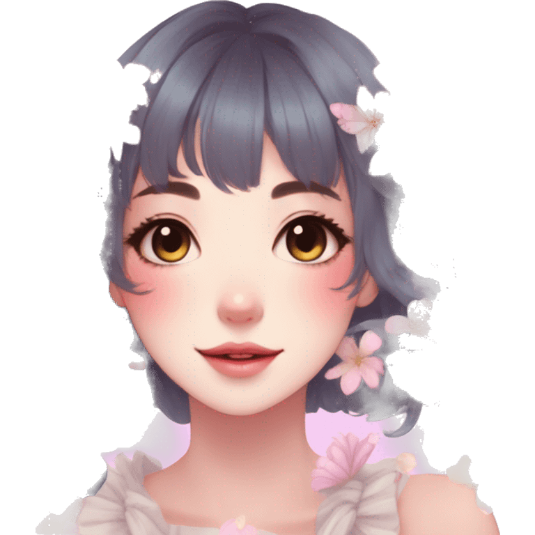 Gorgeous Pastel Anime-Style Lady With Butterflies on face and flower petals around cottage core pastelcore kawaii aesthetic trending style emoji