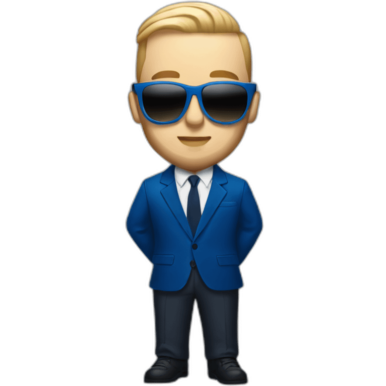 realism mac miller with a blonde comb over skin fade wearing a blue suit and sunglasses emoji