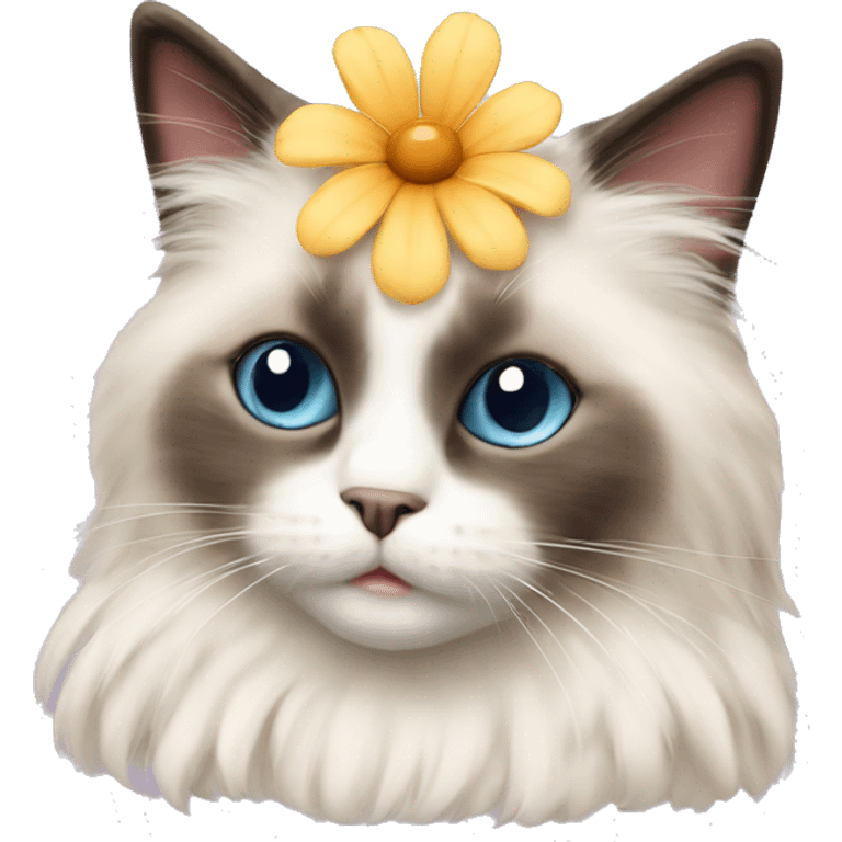 Cute small fluffy ragdoll cat with a flower on its head emoji