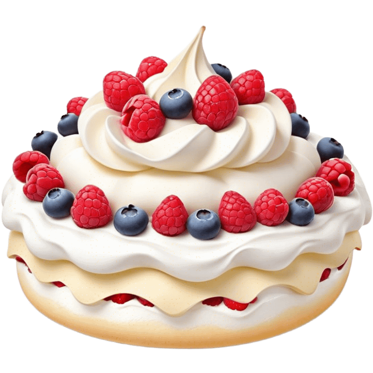 Cinematic Realistic Pavlova Dessert Emoji, showcasing a delicate meringue dessert topped with fresh fruit rendered with lifelike texture and soft natural lighting. emoji