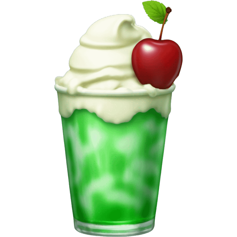 Green plain peppermint soda with vanila ice cream top and a cherry emoji