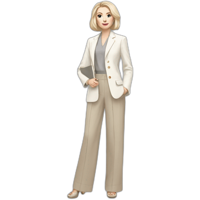 pale skin woman with ash blonde Straightened bob Hair, White Spacious classical jacket, beige palazzo Arrow pants and gray blouse holding a color palette in the hands emoji