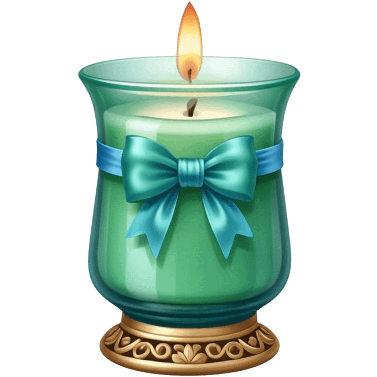 A soft blue candle in an ornate green glass holder, tied with a delicate satin blue bow. emoji