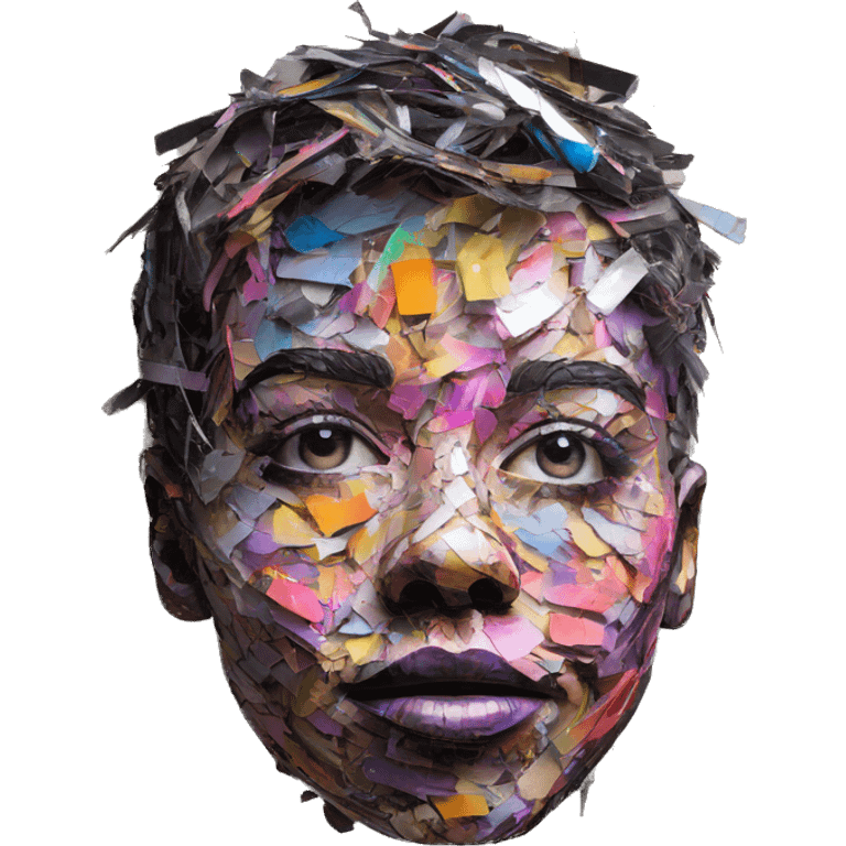 Colourful dark neon graffiti scribble scrapbook patchwork Person face portrait made entirely of multicoloured torn up magazines  emoji