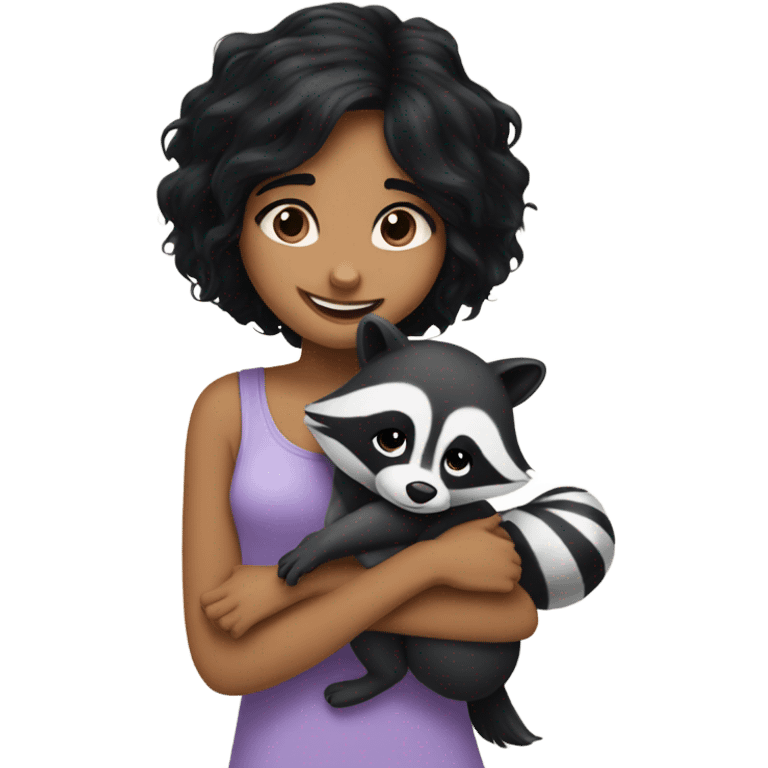 the girl with black hair and pretty smile hug a racoon emoji